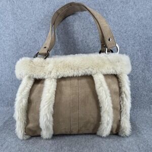 Handbag Tan Suede Small Bath and Body Works Faux Fur Trimmed Shoulder Tote Bag